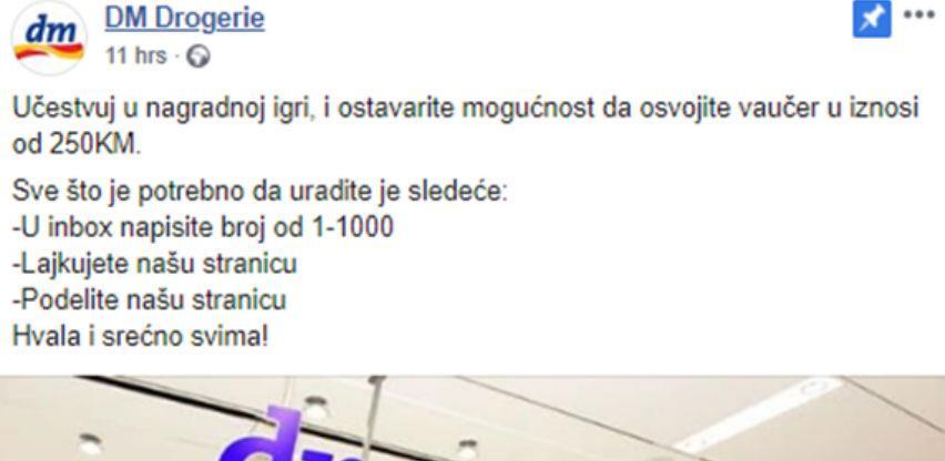 Upozorenje iz dm-a: Lažna nagradna igra na Facebooku
