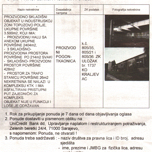PRODAJA PROIZVODNO SKLADIŠNOG OBJEKTA U INDUSTRIJSKOJ ZONI TOPUZOVO POLJE: PROIZVODNA HALA, SKLADIŠNO-PROIZVODNI PROSTORI I PROSTOR ZA TRAFO STANICU - UniCredit Bank d.d. Sarajevo