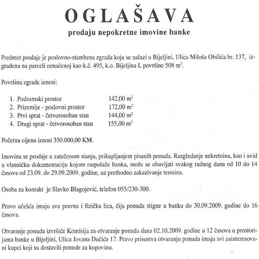 PRODAJA POSLOVNO - STAMBENE ZGRADE U BIJELJINI - Nova banka a.d. Banja Luka