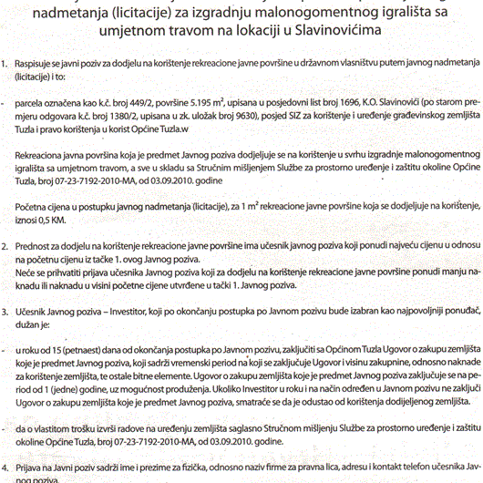 DODJELA NA KORIŠTENJE REKREACIONE JAVNE POVRŠINE ZA IZGRADNJU MALONOGOMETNOG IGRALIŠTA SA UMJETNOM TRAVOM NA LOKACIJI U SLAVINOVIĆIMA - Općina Tuzla