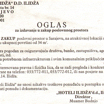 IZDAVANJE U ZAKUP POSLOVNOG PROSTORA NA ILIDŽI - Hoteli Ilidža d.d. Ilidža