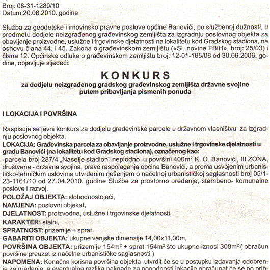 DODJELA GRAĐEVINSKE PARCELE ZA IZGRADNJU POSLOVNOG OBJEKTA NA LOKALITETU KOD GRADSKOG STADIONA - Općina Banovići