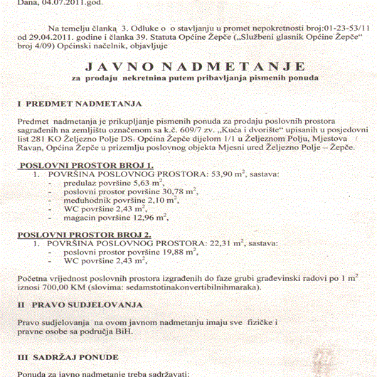 PRODAJA POSLOVNIH PROSTORA U PRIZEMLJU POSLOVNOG OBJEKTA MJESNI URED ŽELJEZNO POLJE - Općina Žepče