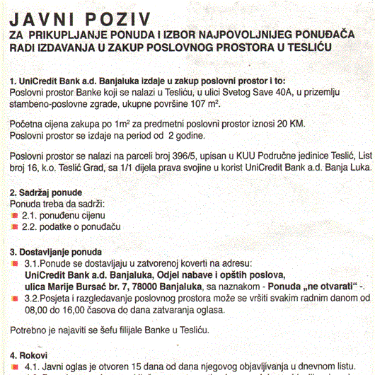 IZDAVANJE U ZAKUP POSLOVNOG PROSTORA U TESLIĆU - Unicredit Bank a.d. Banja Luka