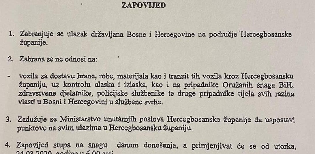 Zabranjuje se ulazak građanima BiH u HBŽ od 24.03.2020.