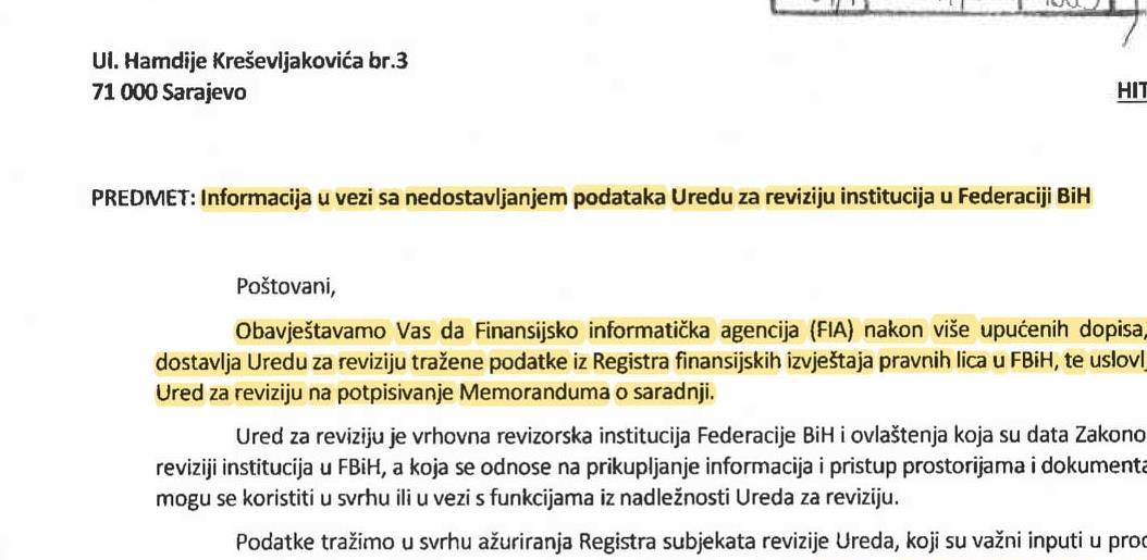 FIA odbila ustupiti tražene podatke Uredu za reviziju institucija