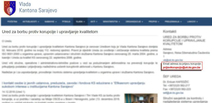 Otvorena direktna e-mail adresa za prijavu korupcije u Kantonu Sarajevo