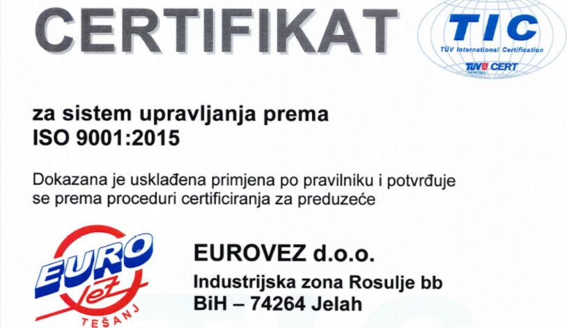 Euro Vez svoj kvalitet rada potvrdio certifikatom ISO 9001:2015