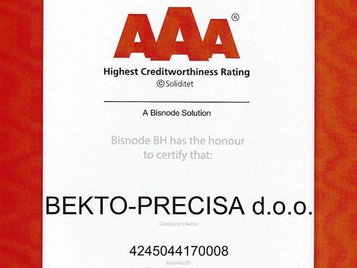 Bekto Precisa dobila certifikat bonitetne izvrsnosti AAA