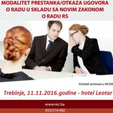 REC seminar u Trebinju: Modaliteti prestanka/otkaza ugovora o radu