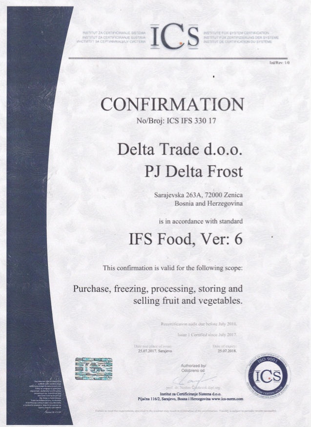 Izvoz u EU puno lakši: Delta Frost implementirala IFS certifikat