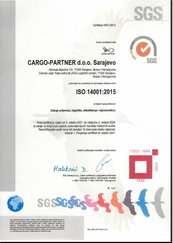 cargo-partner d.o.o. Sarajevo vlasnik ISO 9001:2015 i ISO 14001:2015 certifikata