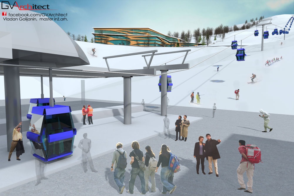 Pogled ka postojećoj ski stazi izgled buduće gondole i koncept hotelskog kompleksa