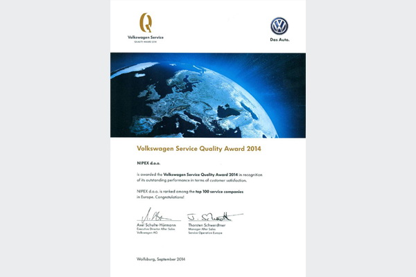 Nipex među 100 najboljih Volkswagen servisa u Evropi