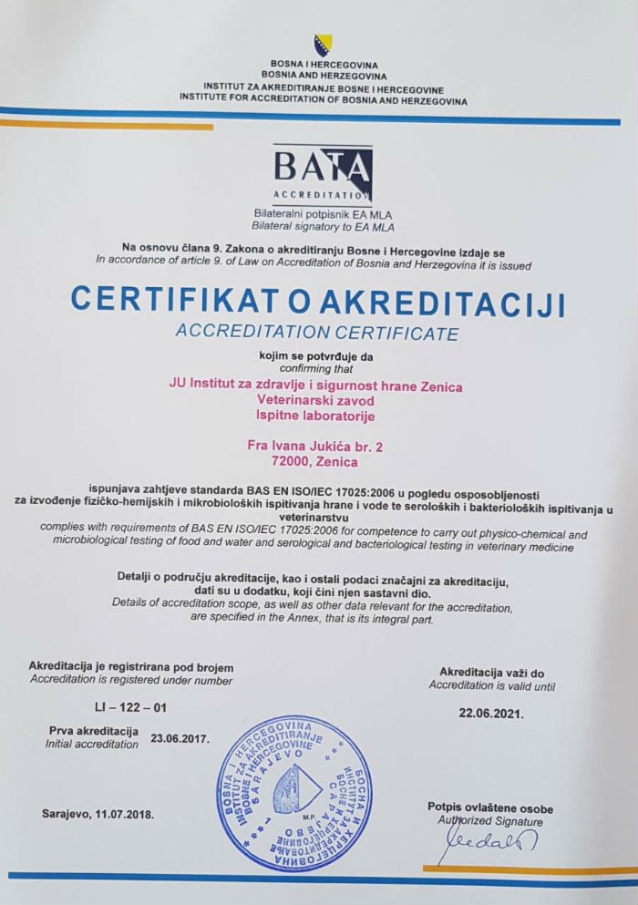 BATA uručio certifikat o akreditaciji laboratorija INZ-a