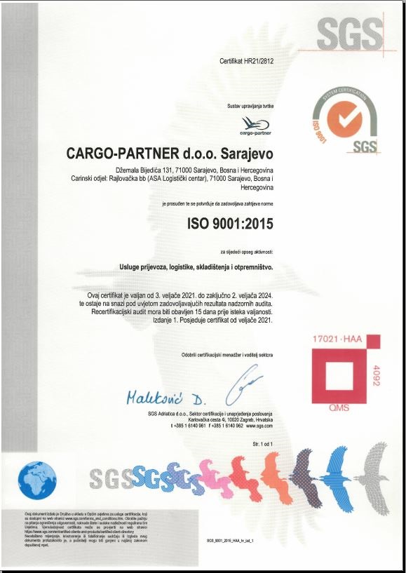 cargo-partner d.o.o. Sarajevo vlasnik ISO 9001:2015 i ISO 14001:2015 certifikata