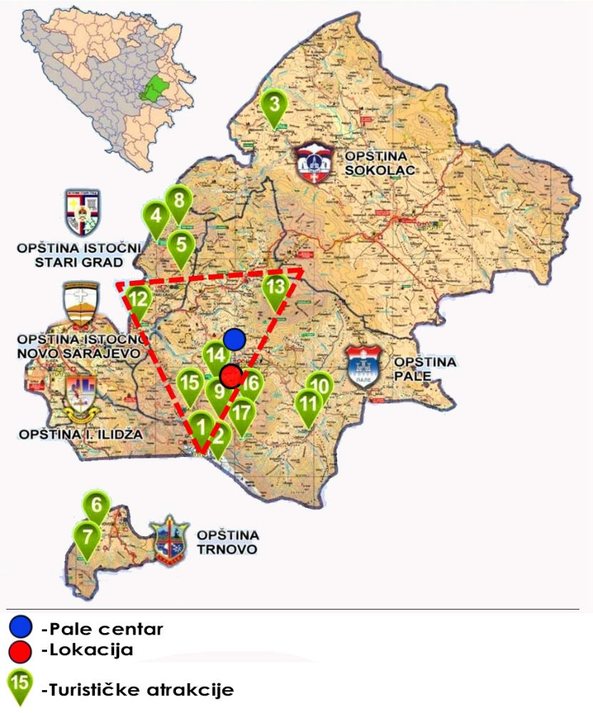 Pozicija lokacije u odnosu na turističke atrakcije Istočnog Sarajeva