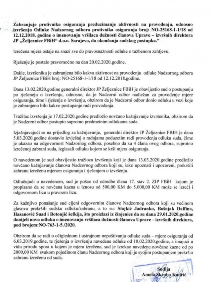 Kazna za članove NO 'Željeznica FBiH' jer su ispoštovali odluku Vlade FBiH?!