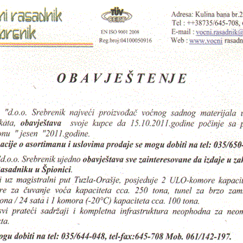 IZDAVANJE U ZAKUP DIJELA OBJEKTA HLADNJAČA U RASADNIKU U ŠPIONICI - Voćni rasadnik d.o.o. Srebrenik