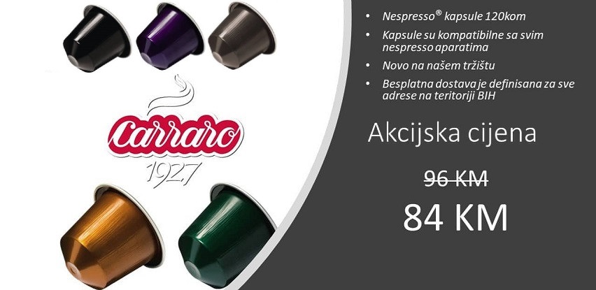 AKCIJA - Carraro Nespresso kapsule uz besplatnu dostavu na teritoriji BiH