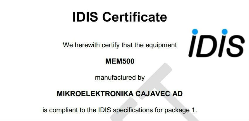 Novi IDIS sertifikat za tip monofaznog brojila MEM 500